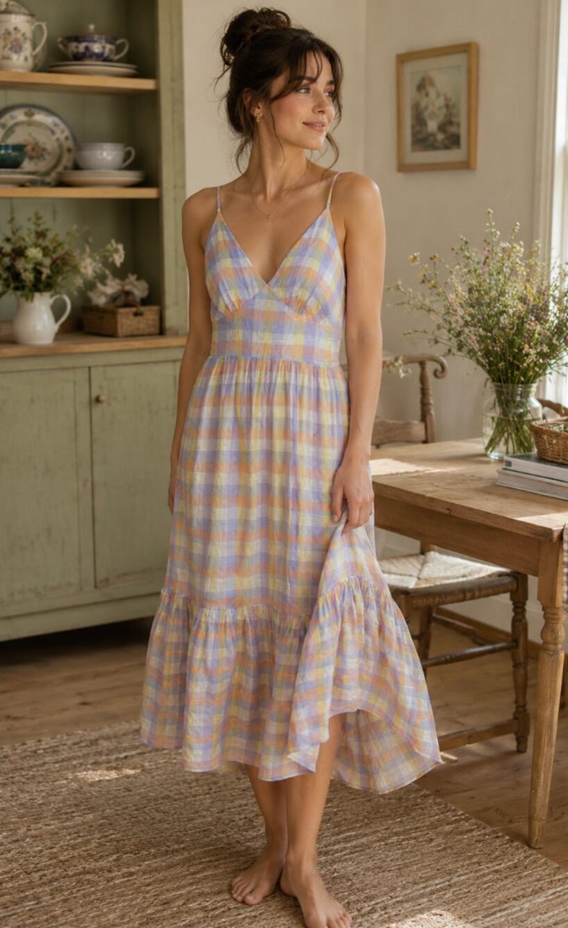 Jessica Simpson Easter Gingham Plaid Pink Striped Dainty Cottagecore Maxi Dress